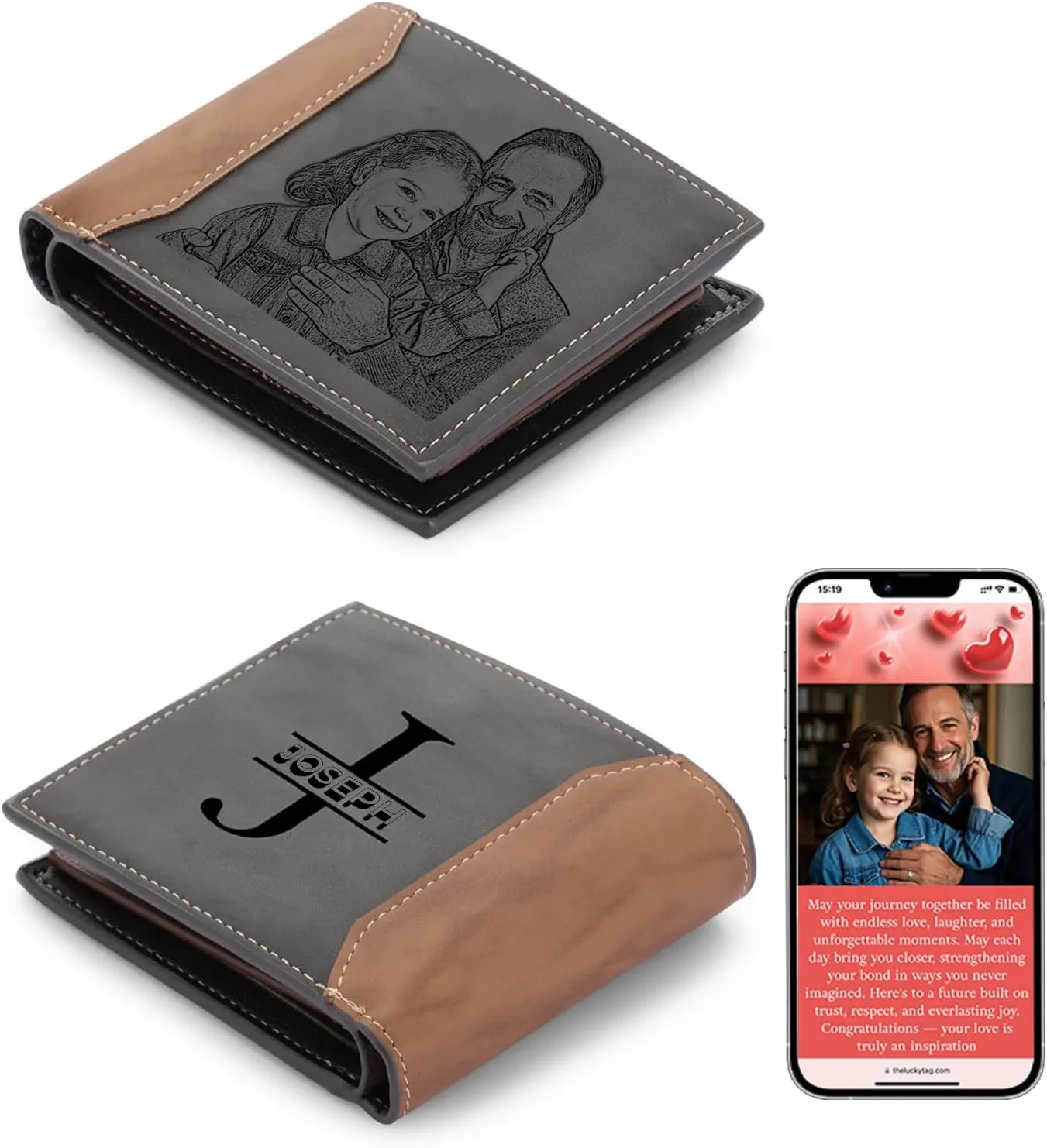 Personalized Wallet for Men – Custom Engraved Leather Wallet with NFC Smart Album – Store Photos & Engrave Name/Text – Unique Gift for Husband, Boyfriend, Dad (Black Grey)