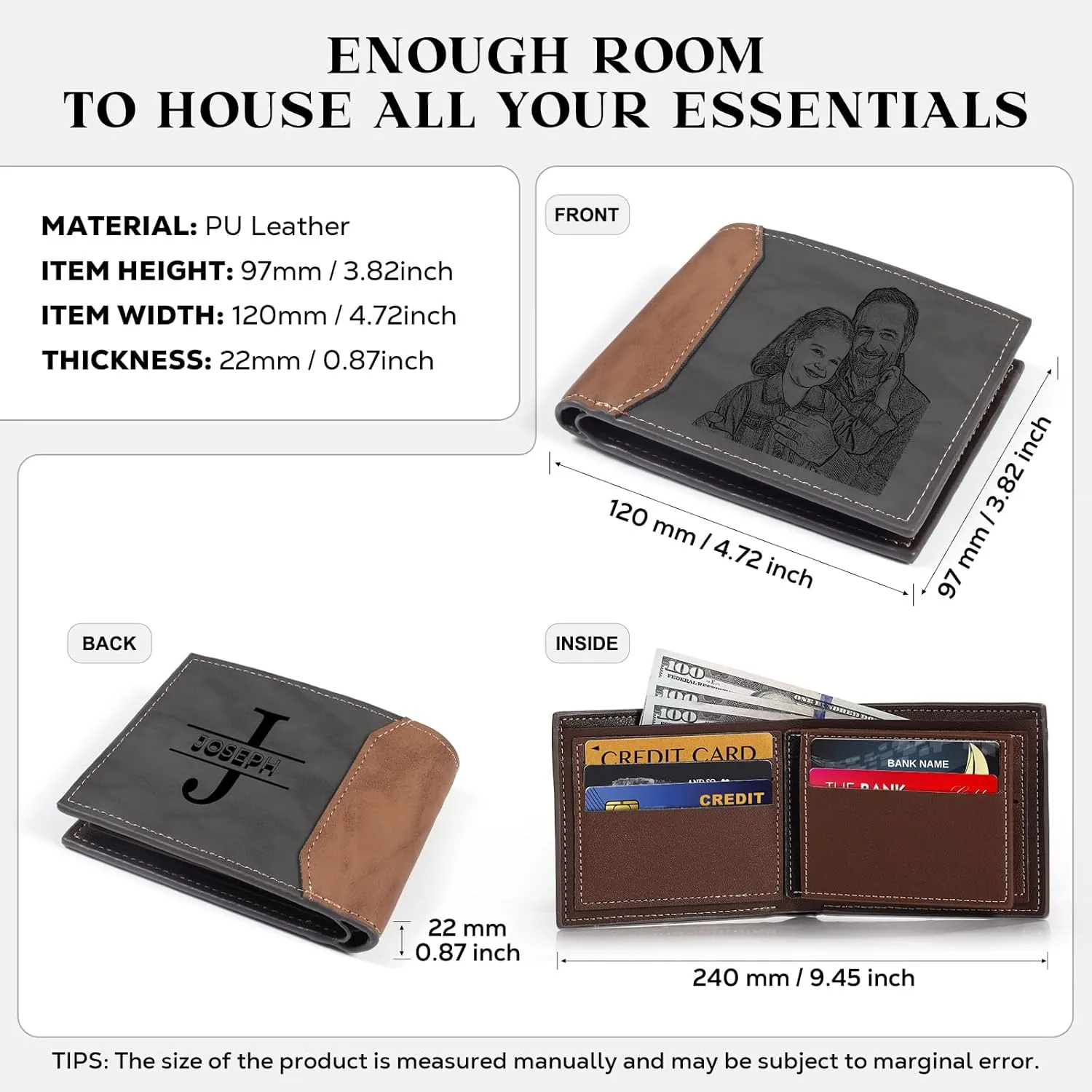 Personalized Wallet for Men – Custom Engraved Leather Wallet with NFC Smart Album – Store Photos & Engrave Name/Text – Unique Gift for Husband, Boyfriend, Dad (Black Grey)
