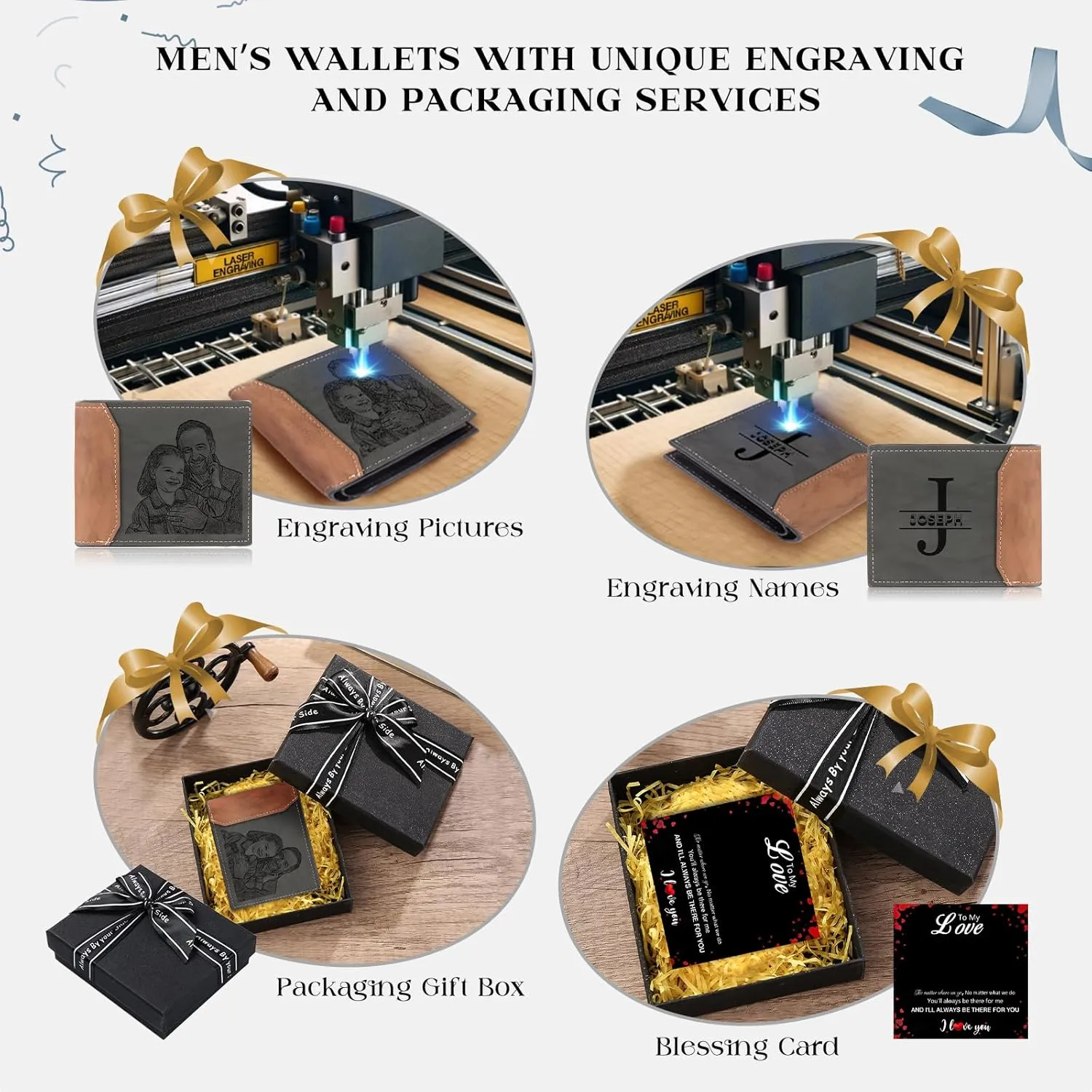 Personalized Wallet for Men – Custom Engraved Leather Wallet with NFC Smart Album – Store Photos & Engrave Name/Text – Unique Gift for Husband, Boyfriend, Dad (Black Grey)
