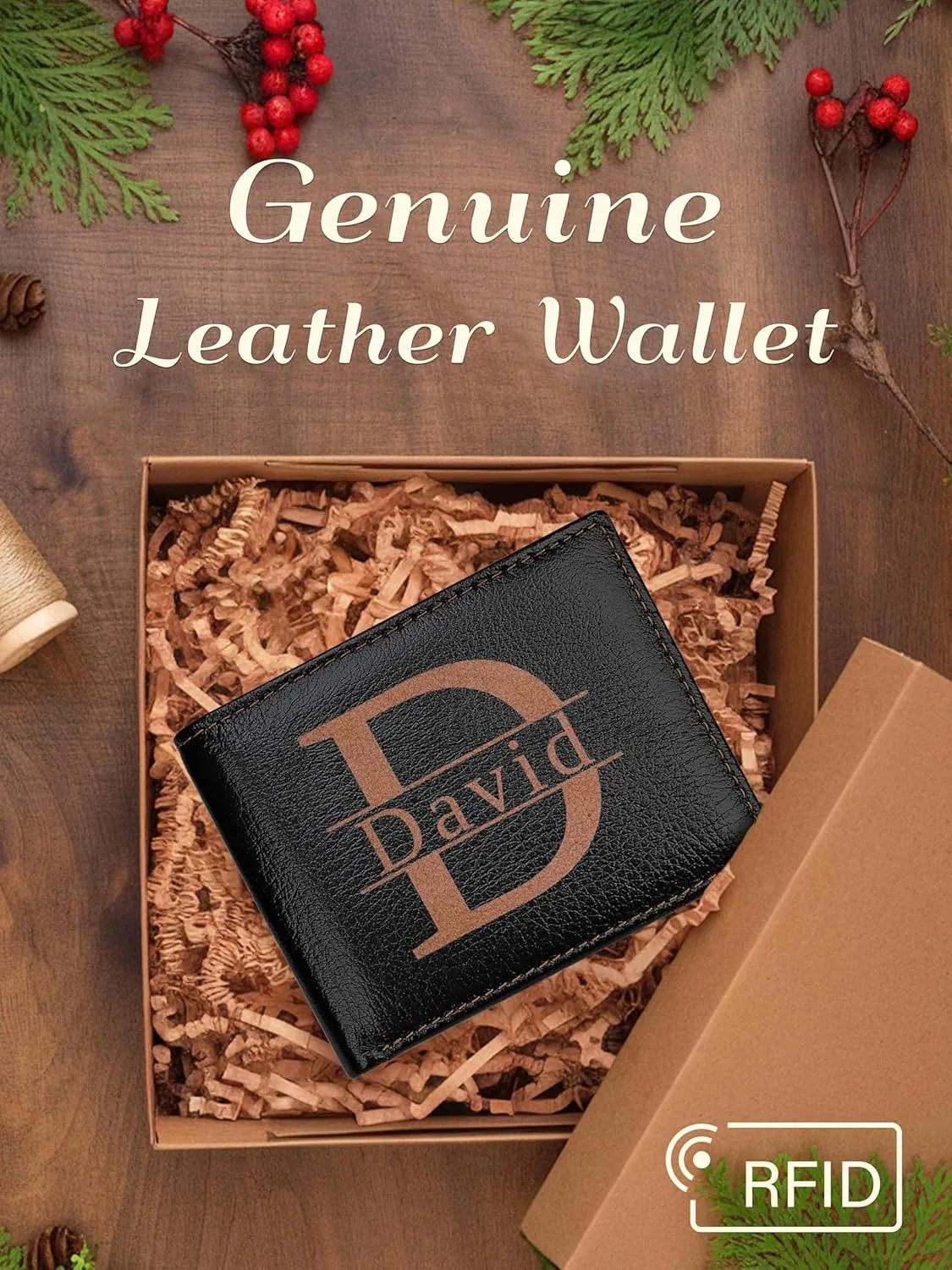 Personalized Wallet for Men Gifts, Genuine Leather Wallet, RFID Blocking, Birthday Gifts for Men, Customized Wallet for Chrismas Son Boyfriend Wedding Anniversary Graduate Gifts Box