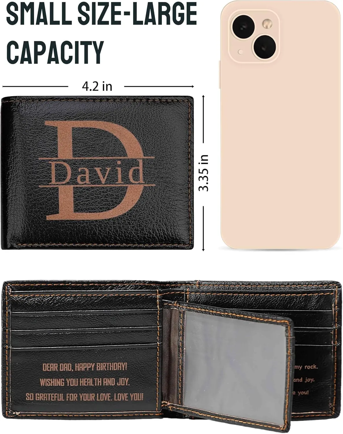 Personalized Wallet for Men Gifts, Genuine Leather Wallet, RFID Blocking, Birthday Gifts for Men, Customized Wallet for Chrismas Son Boyfriend Wedding Anniversary Graduate Gifts Box