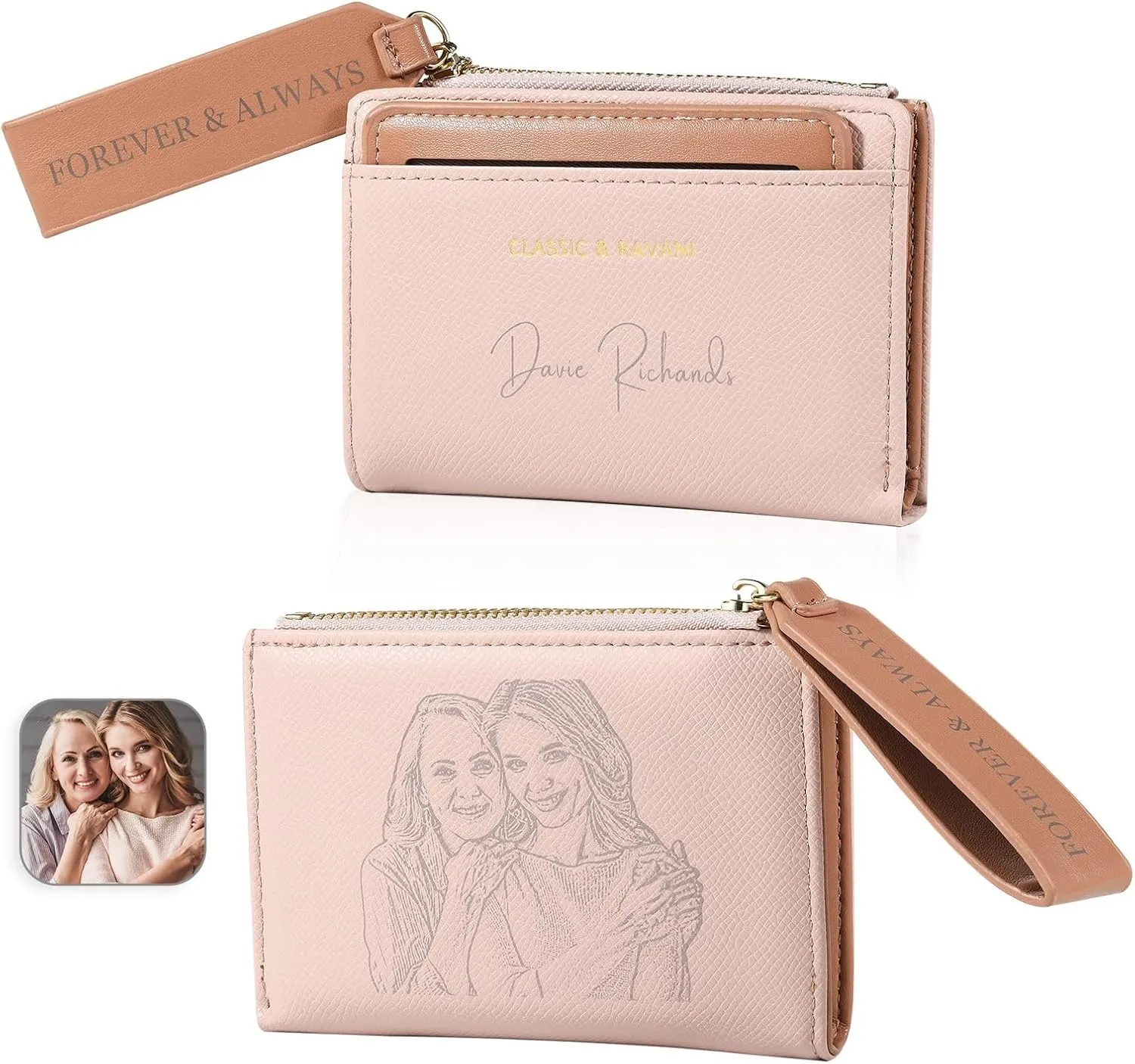 Personalized Womens Wallets with Photo Name Ladies Wallet: Custom Wallet for Women - Leather Minimalist Womens Wallet Birthday Christmas Valentines Gift (Style A, Pink)