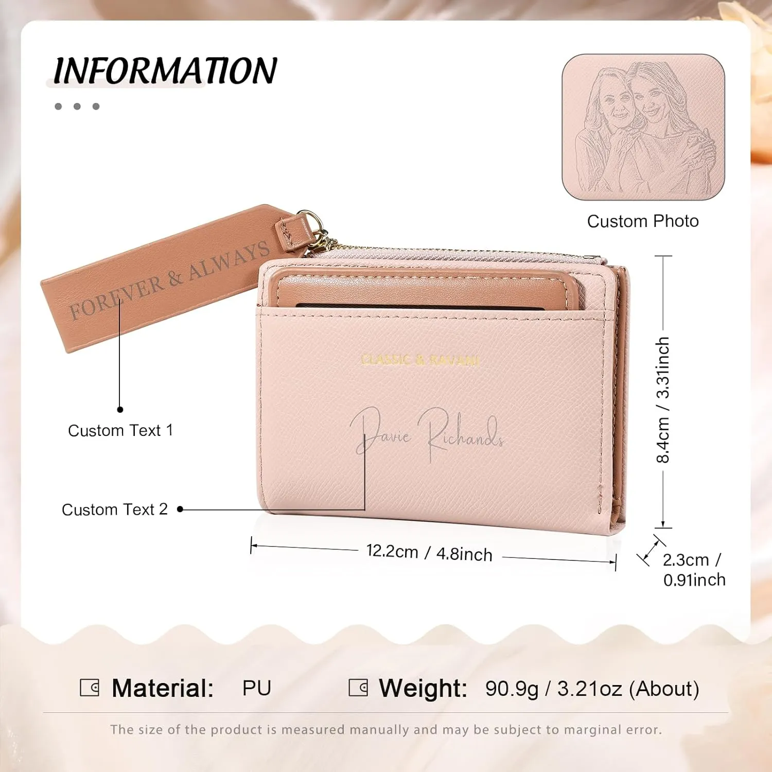 Personalized Womens Wallets with Photo Name Ladies Wallet: Custom Wallet for Women - Leather Minimalist Womens Wallet Birthday Christmas Valentines Gift (Style A, Pink)