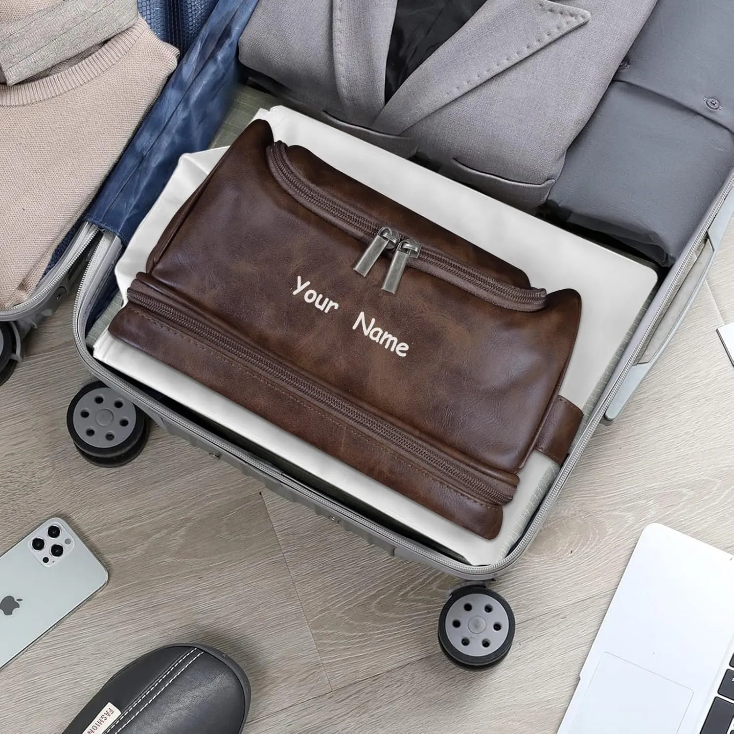 Personalized Yourself Makeup Bag Custom Your Name Toiletry Bag for men woman Cosmetic Travel Waterproof PU Bag Front Custom For Travel camping backpacking-Dark Brown