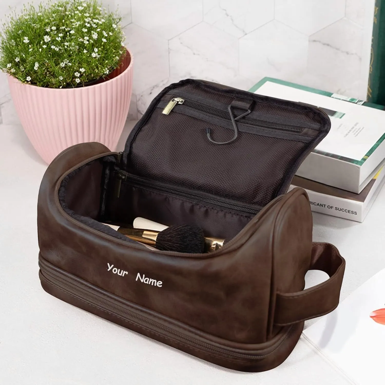 Personalized Yourself Makeup Bag Custom Your Name Toiletry Bag for men woman Cosmetic Travel Waterproof PU Bag Front Custom For Travel camping backpacking-Dark Brown