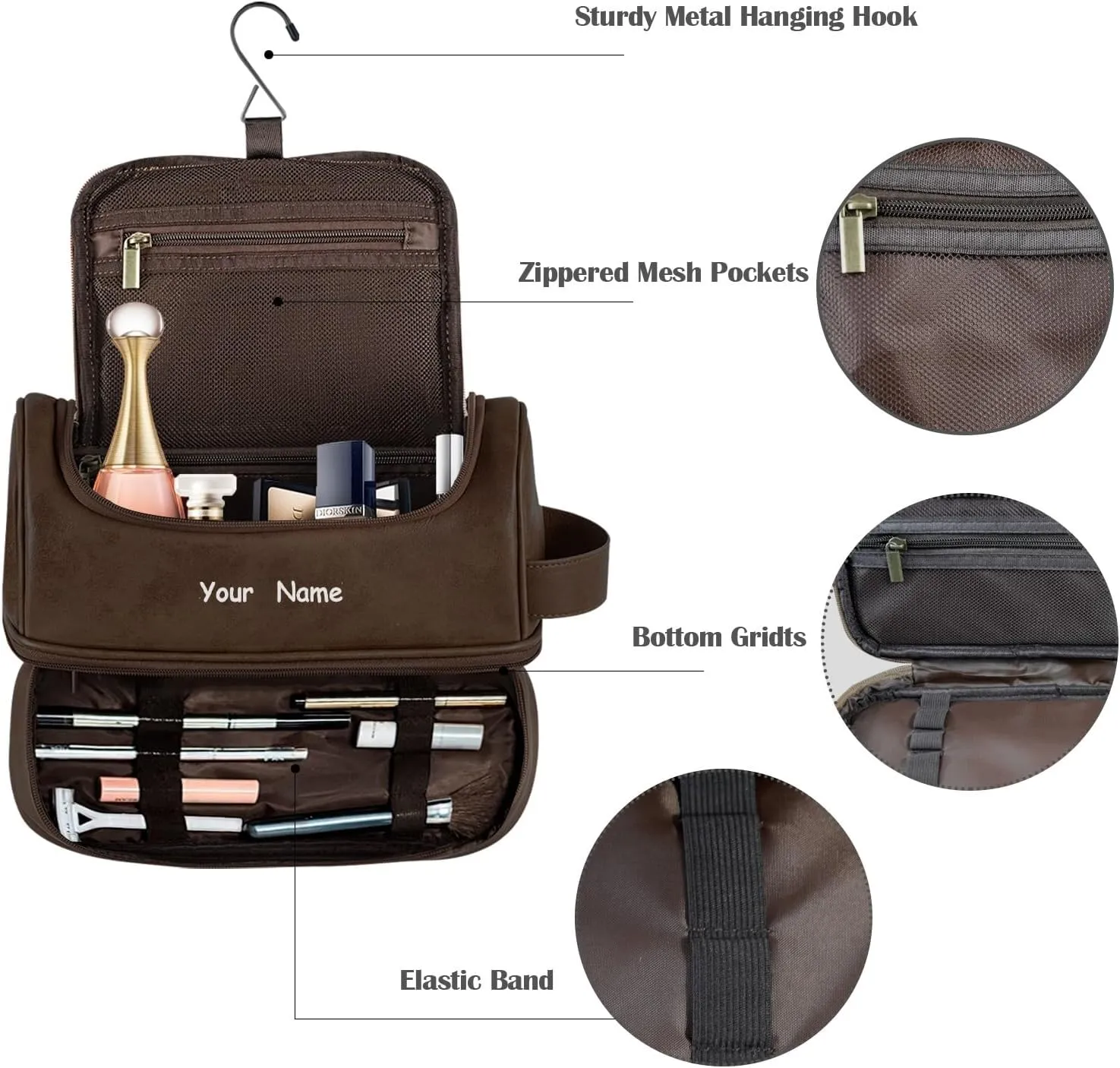 Personalized Yourself Makeup Bag Custom Your Name Toiletry Bag for men woman Cosmetic Travel Waterproof PU Bag Front Custom For Travel camping backpacking-Dark Brown