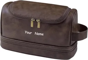 Personalized Yourself Makeup Bag Custom Your Name Toiletry Bag for men woman Cosmetic Travel Waterproof PU Bag Front Custom For Travel camping backpacking-Dark Brown