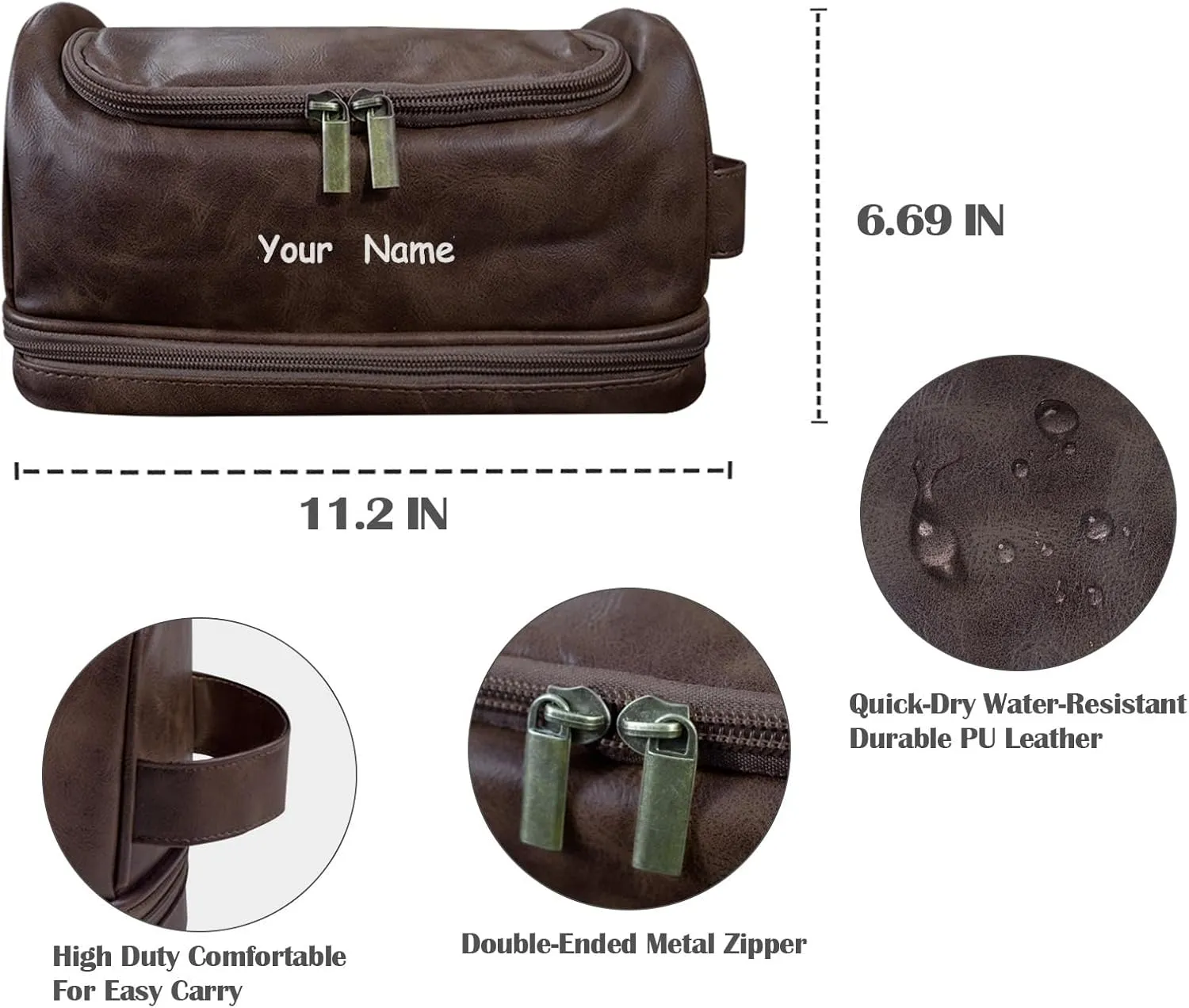 Personalized Yourself Makeup Bag Custom Your Name Toiletry Bag for men woman Cosmetic Travel Waterproof PU Bag Front Custom For Travel camping backpacking-Dark Brown