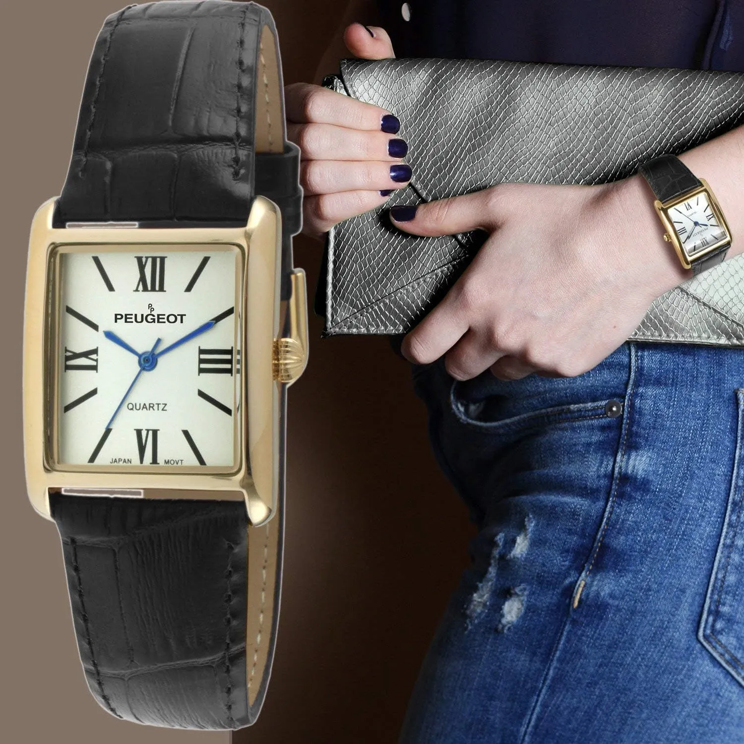 Peugeot Women's 14K Gold Plated Tank Leather Dress Watch with Roman Numerals Dial