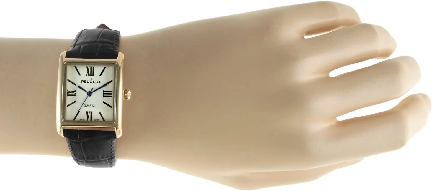 Peugeot Women's 14K Gold Plated Tank Leather Dress Watch with Roman Numerals Dial