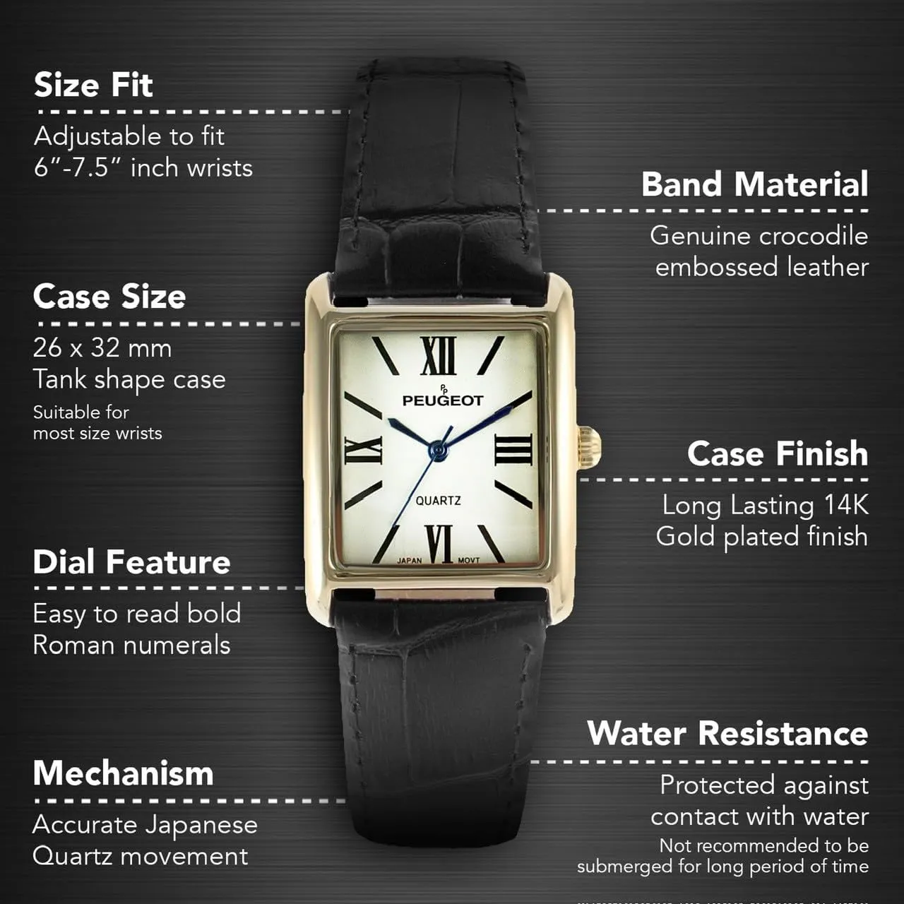 Peugeot Women's 14K Gold Plated Tank Leather Dress Watch with Roman Numerals Dial