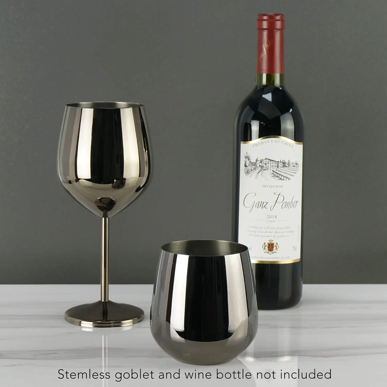 PG Set of 4 Stainless Steel Wine Glasses - 18.5oz Black Unbreakable Stem Metal Wine Goblets