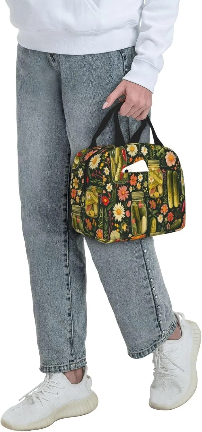Pickled Cucumbers Lunch Box Chili Flowers Insulated Lunch Bag for Kids Women Men Reusable Cooler Tote Bag with Front Pocket for Girls Boys Students School Picnic Travel Office