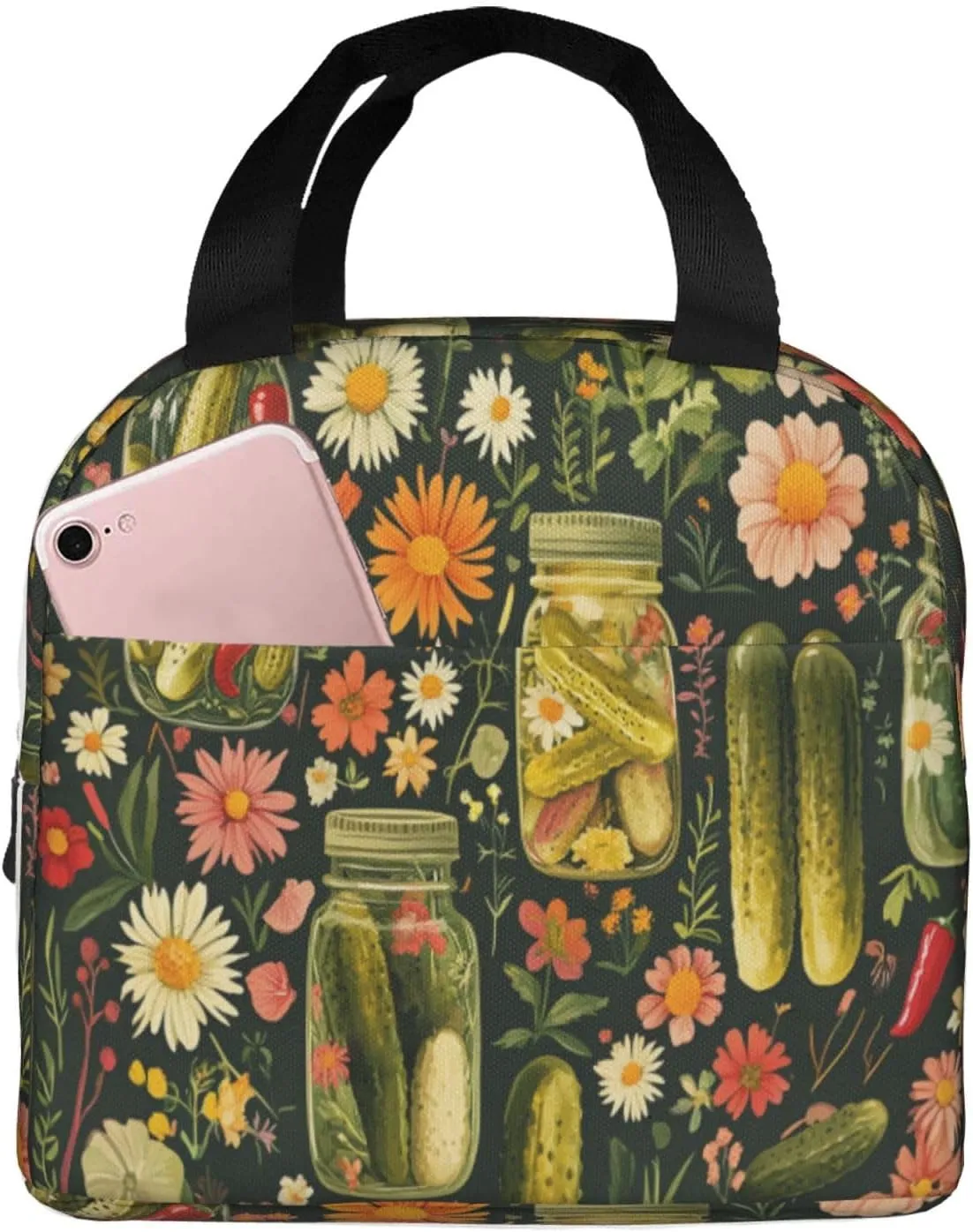 Pickled Cucumbers Lunch Box Chili Flowers Insulated Lunch Bag for Kids Women Men Reusable Cooler Tote Bag with Front Pocket for Girls Boys Students School Picnic Travel Office