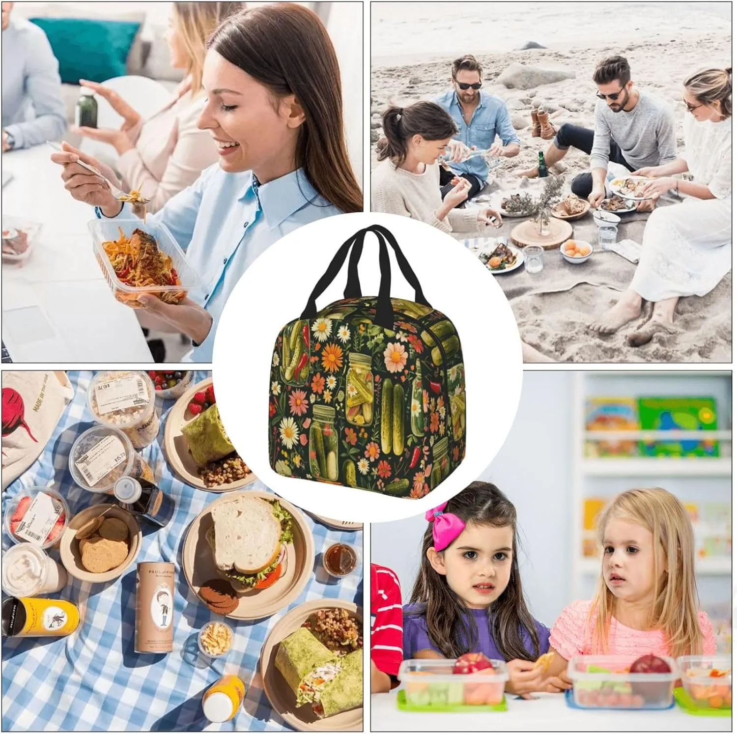 Pickled Cucumbers Lunch Box Chili Flowers Insulated Lunch Bag for Kids Women Men Reusable Cooler Tote Bag with Front Pocket for Girls Boys Students School Picnic Travel Office