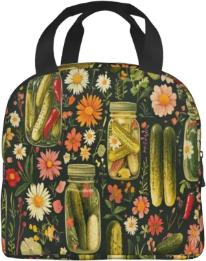Pickled Cucumbers Lunch Box Chili Flowers Insulated Lunch Bag for Kids Women Men Reusable Cooler Tote Bag with Front Pocket for Girls Boys Students School Picnic Travel Office