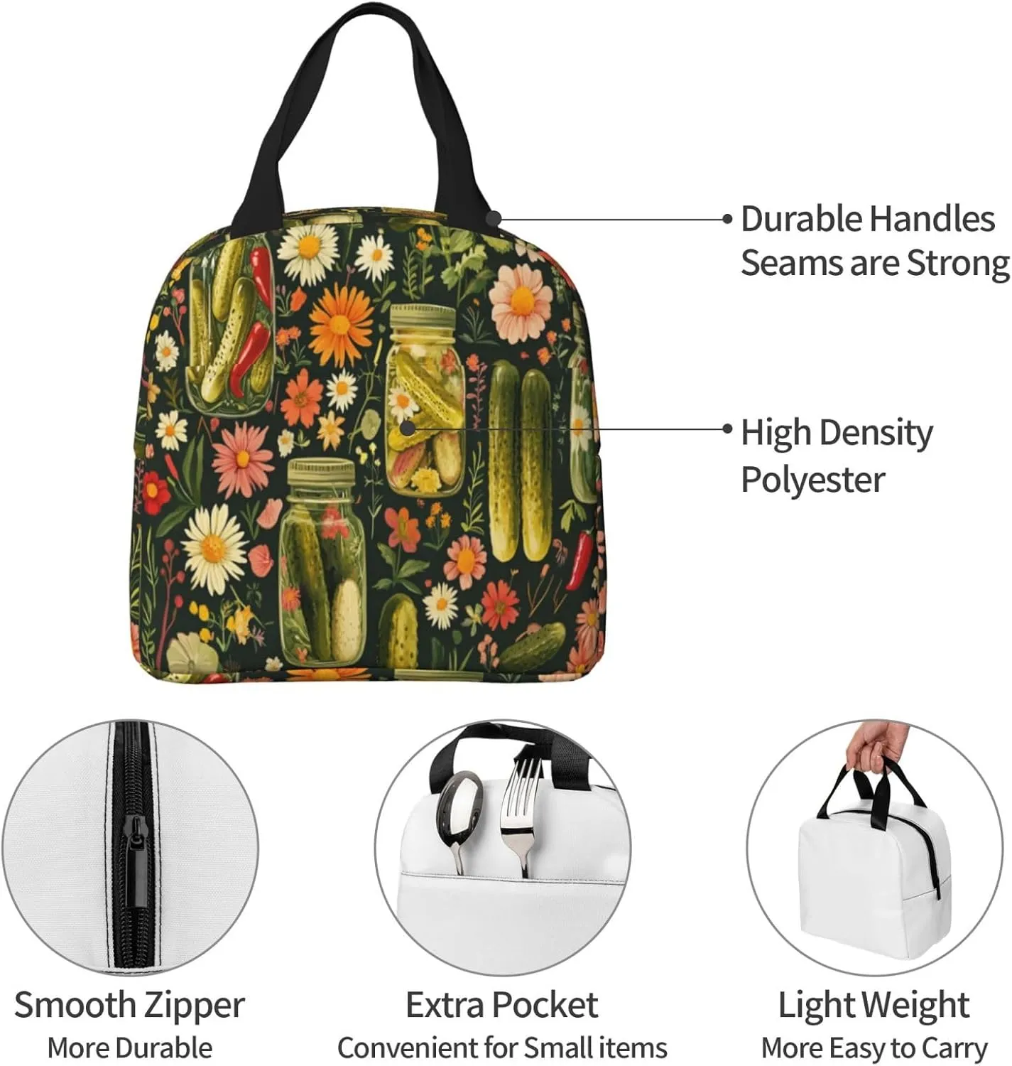 Pickled Cucumbers Lunch Box Chili Flowers Insulated Lunch Bag for Kids Women Men Reusable Cooler Tote Bag with Front Pocket for Girls Boys Students School Picnic Travel Office