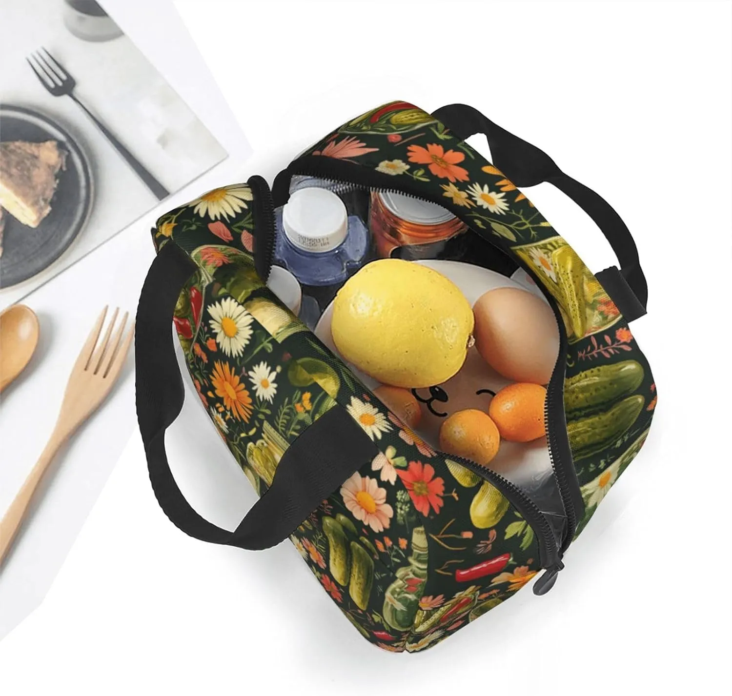 Pickled Cucumbers Lunch Box Chili Flowers Insulated Lunch Bag for Kids Women Men Reusable Cooler Tote Bag with Front Pocket for Girls Boys Students School Picnic Travel Office