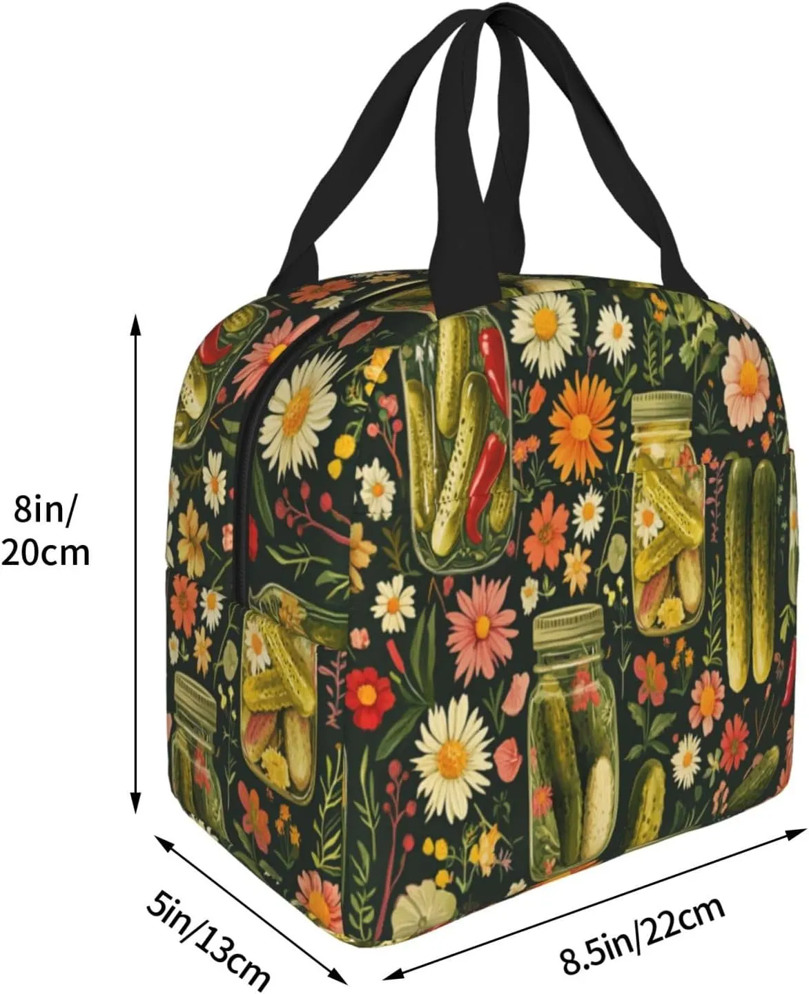 Pickled Cucumbers Lunch Box Chili Flowers Insulated Lunch Bag for Kids Women Men Reusable Cooler Tote Bag with Front Pocket for Girls Boys Students School Picnic Travel Office