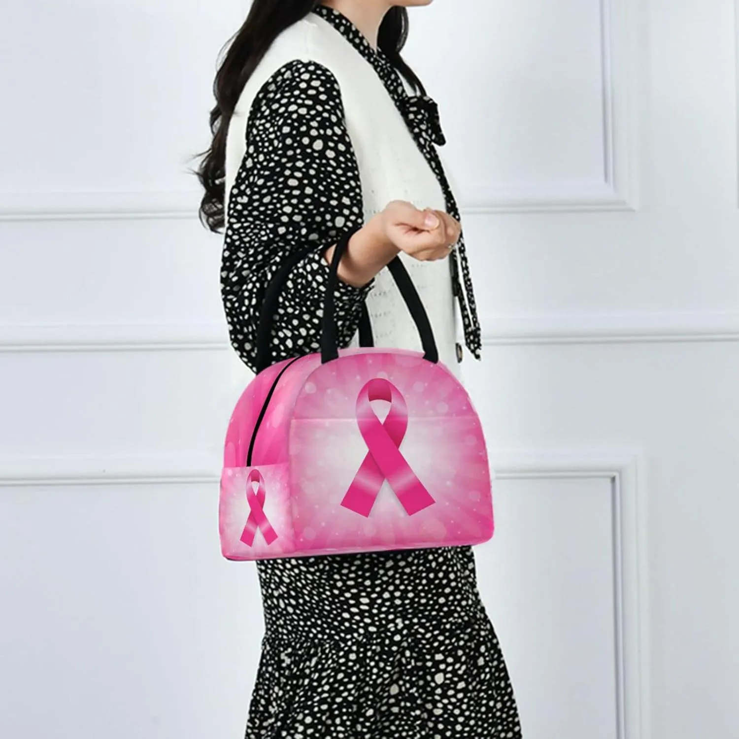 Pink Breast Cancer Ribbon Reusable Lunch Hand Bag with Front Pocket Insulated Thermal Zipper Closure Cooler Container Bag for School Work Picnic Travel Fishing Beach (0g280854933p407c442s828)