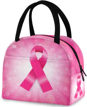 Pink Breast Cancer Ribbon Reusable Lunch Hand Bag with Front Pocket Insulated Thermal Zipper Closure Cooler Container Bag for School Work Picnic Travel Fishing Beach (0g280854933p407c442s828)