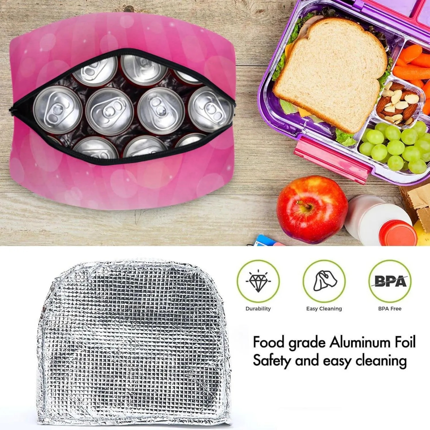 Pink Breast Cancer Ribbon Reusable Lunch Hand Bag with Front Pocket Insulated Thermal Zipper Closure Cooler Container Bag for School Work Picnic Travel Fishing Beach (0g280854933p407c442s828)