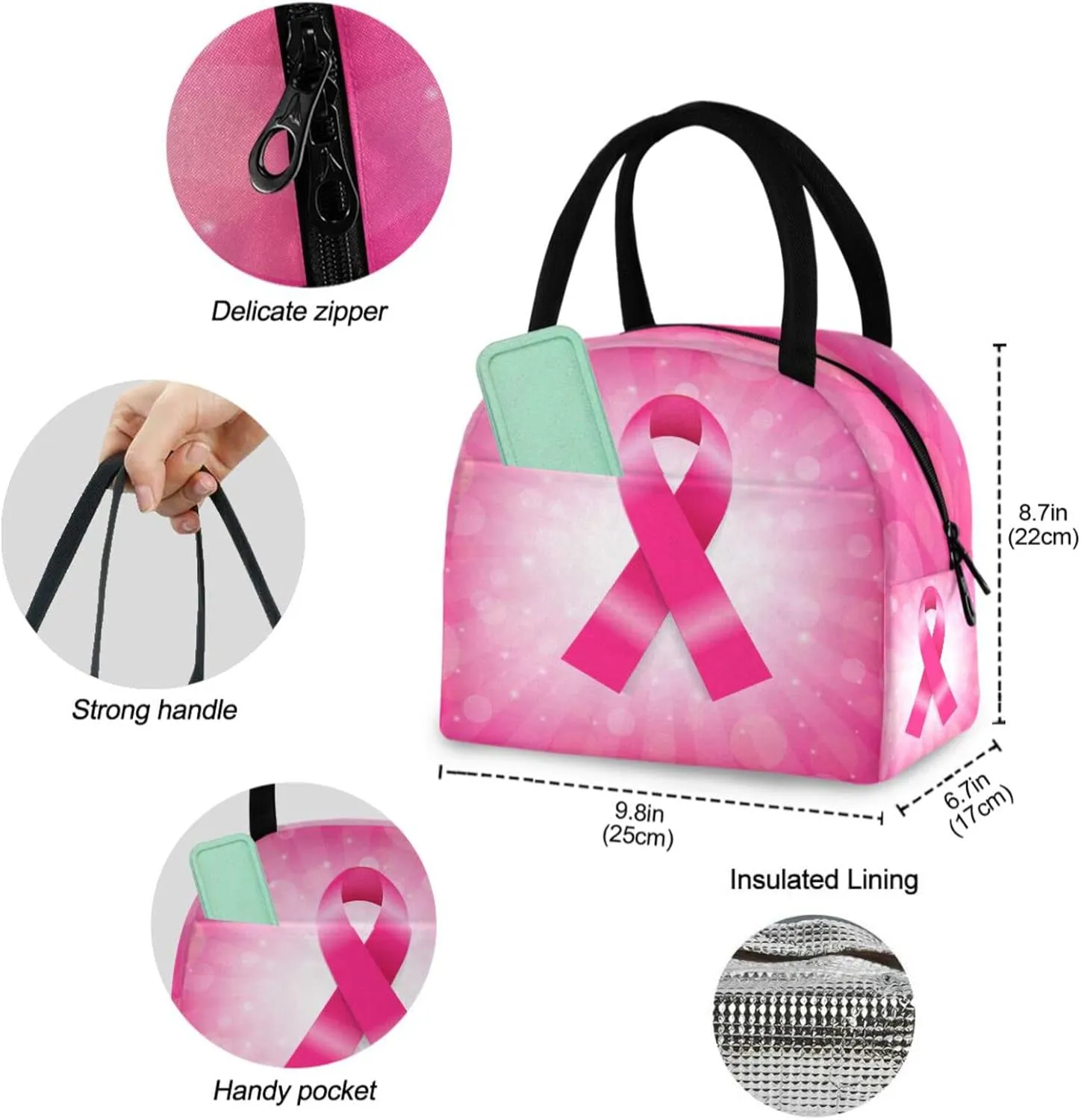Pink Breast Cancer Ribbon Reusable Lunch Hand Bag with Front Pocket Insulated Thermal Zipper Closure Cooler Container Bag for School Work Picnic Travel Fishing Beach (0g280854933p407c442s828)