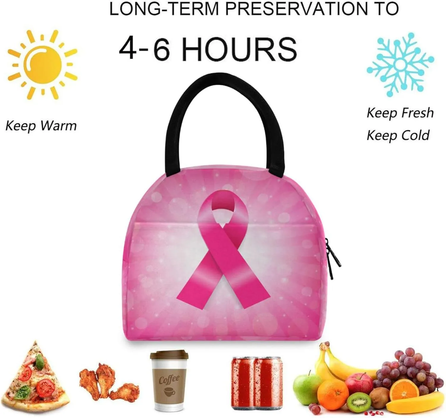 Pink Breast Cancer Ribbon Reusable Lunch Hand Bag with Front Pocket Insulated Thermal Zipper Closure Cooler Container Bag for School Work Picnic Travel Fishing Beach (0g280854933p407c442s828)