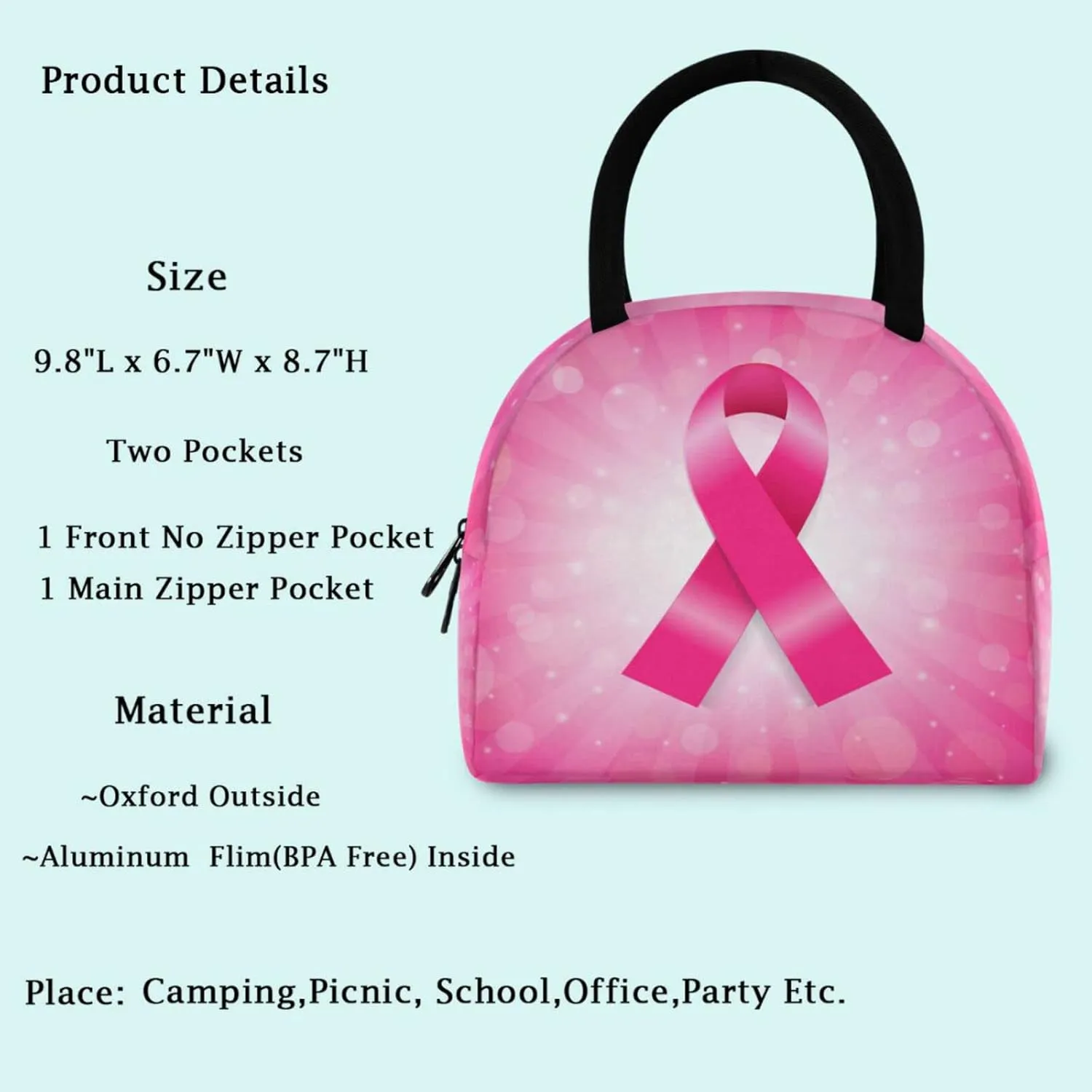Pink Breast Cancer Ribbon Reusable Lunch Hand Bag with Front Pocket Insulated Thermal Zipper Closure Cooler Container Bag for School Work Picnic Travel Fishing Beach (0g280854933p407c442s828)