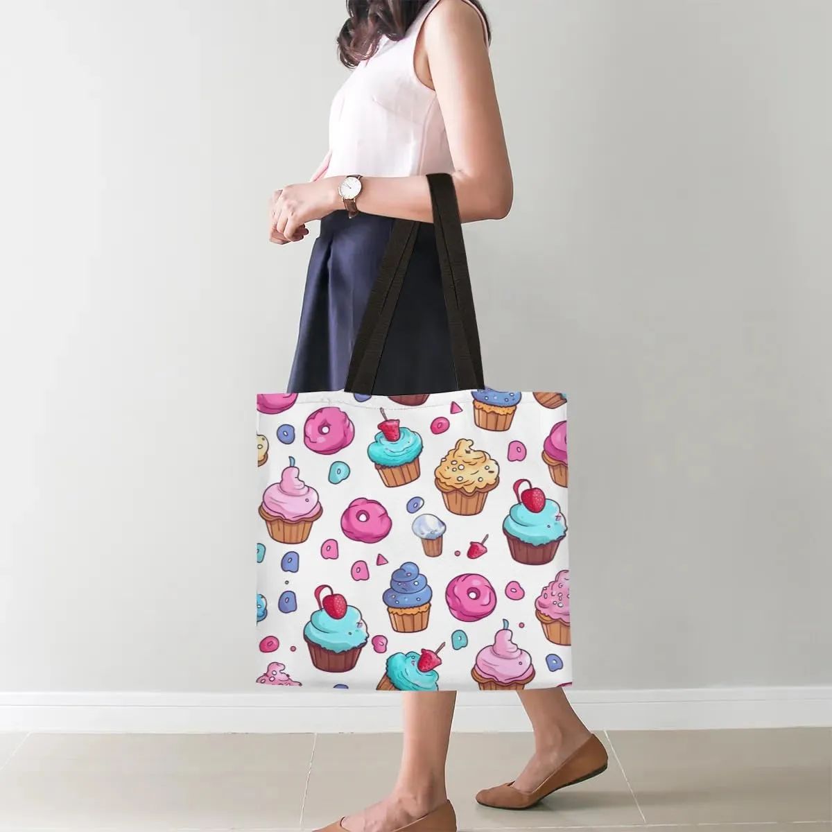 Pink Cartoon Strawberry Canvas Tote Bag for Women Men Stylish Tote Handbag Shoulder Bag Reusable Grocery Bag