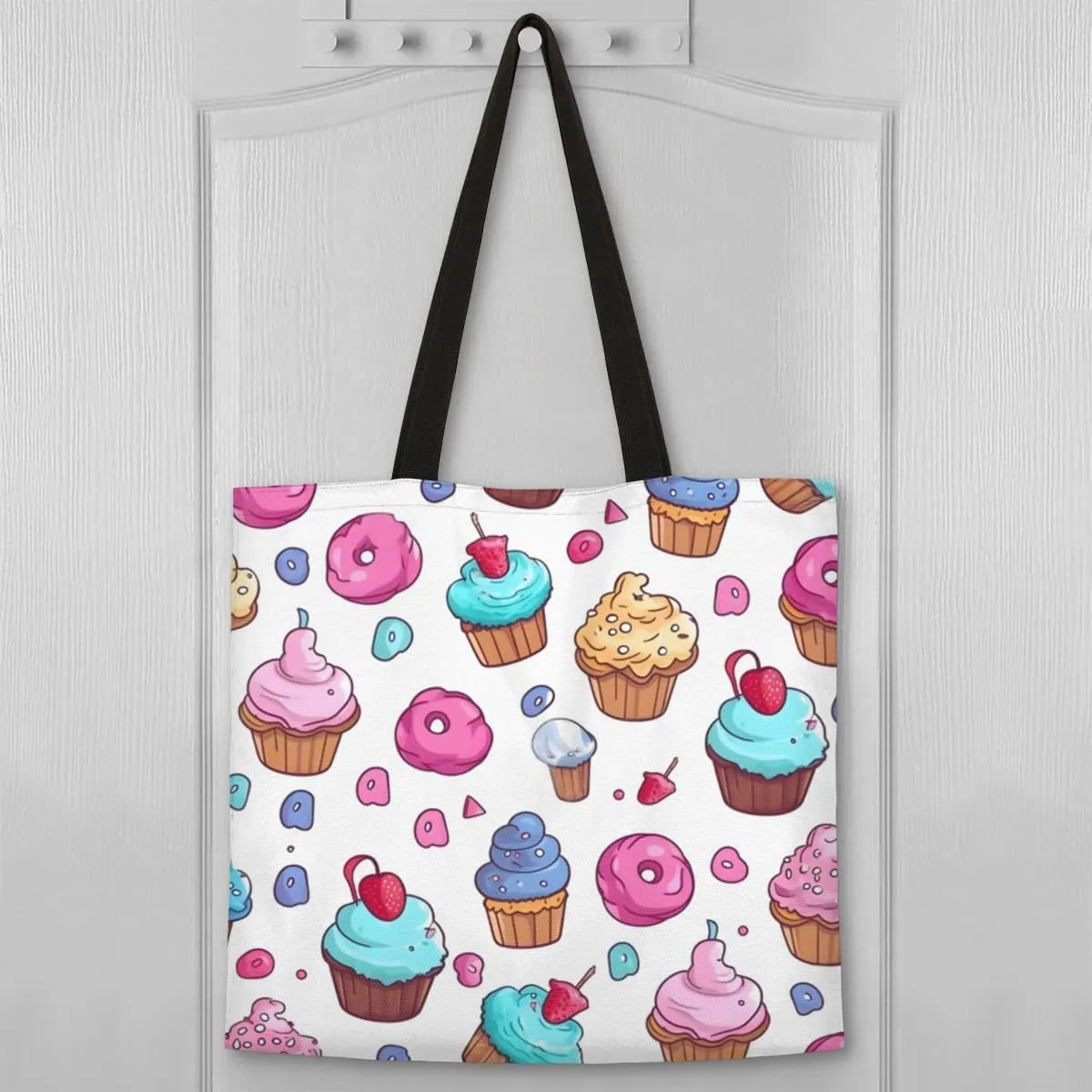 Pink Cartoon Strawberry Canvas Tote Bag for Women Men Stylish Tote Handbag Shoulder Bag Reusable Grocery Bag