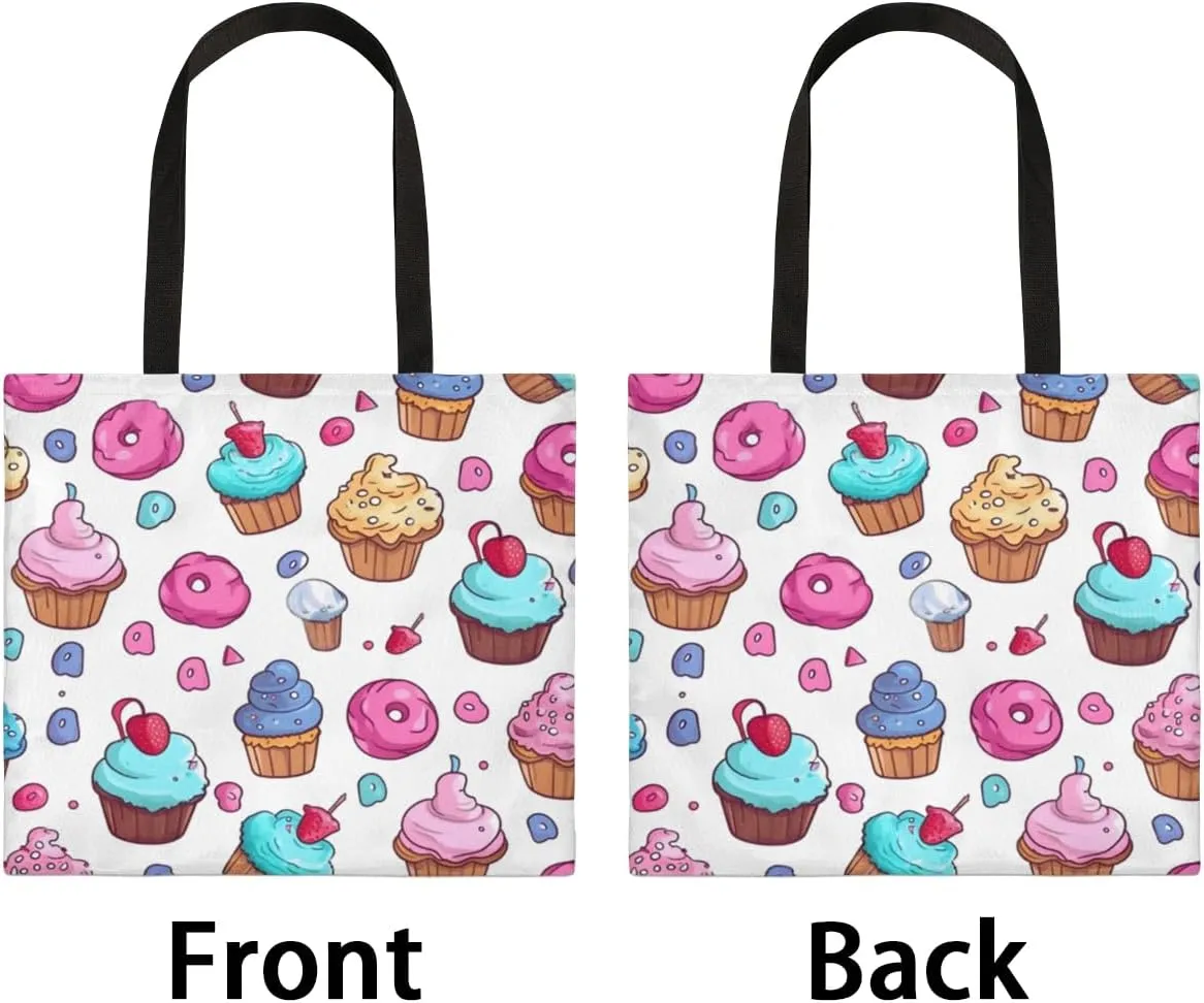 Pink Cartoon Strawberry Canvas Tote Bag for Women Men Stylish Tote Handbag Shoulder Bag Reusable Grocery Bag