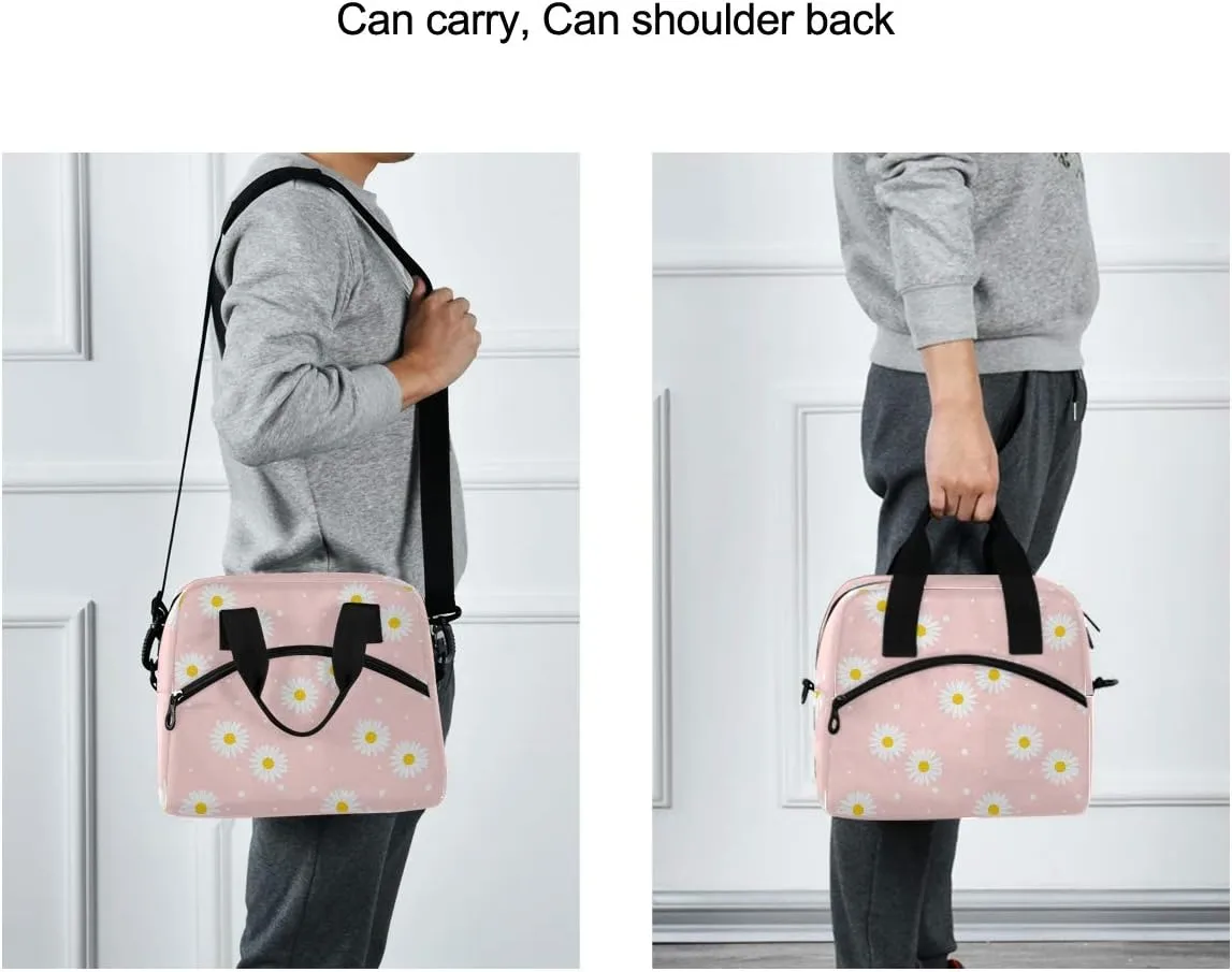 Pink Daisy Lunch Bag, Large Insulated Lunch Box with Detachable Shoulder Strap, Lunch Cooler Lunch Bag for Women