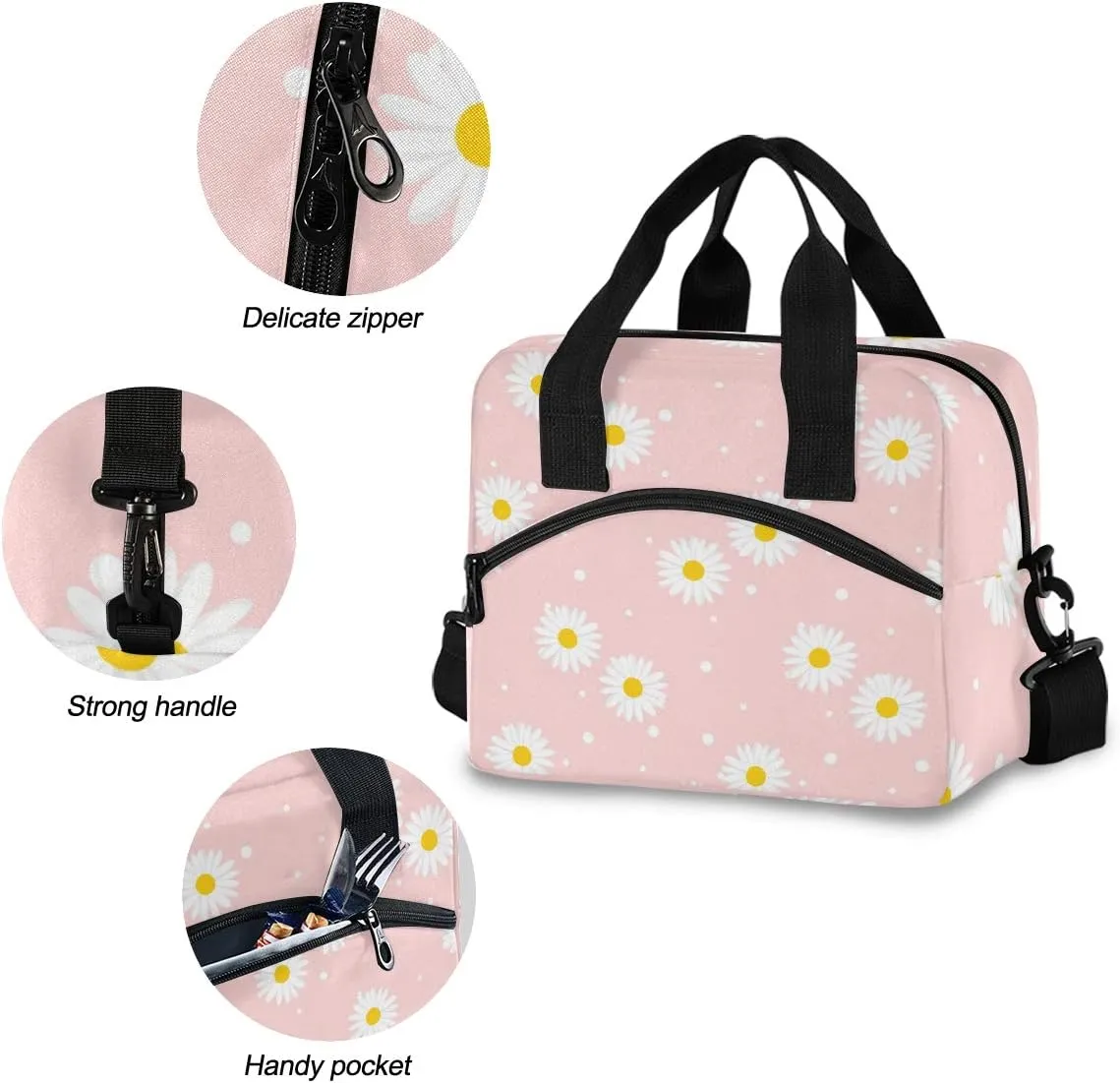 Pink Daisy Lunch Bag, Large Insulated Lunch Box with Detachable Shoulder Strap, Lunch Cooler Lunch Bag for Women