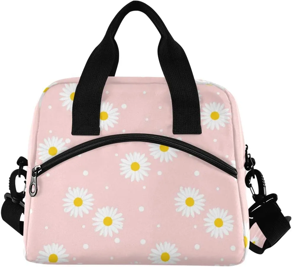 Pink Daisy Lunch Bag, Large Insulated Lunch Box with Detachable Shoulder Strap, Lunch Cooler Lunch Bag for Women