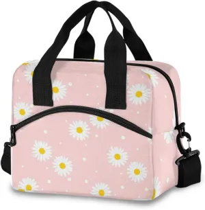 Pink Daisy Lunch Bag, Large Insulated Lunch Box with Detachable Shoulder Strap, Lunch Cooler Lunch Bag for Women