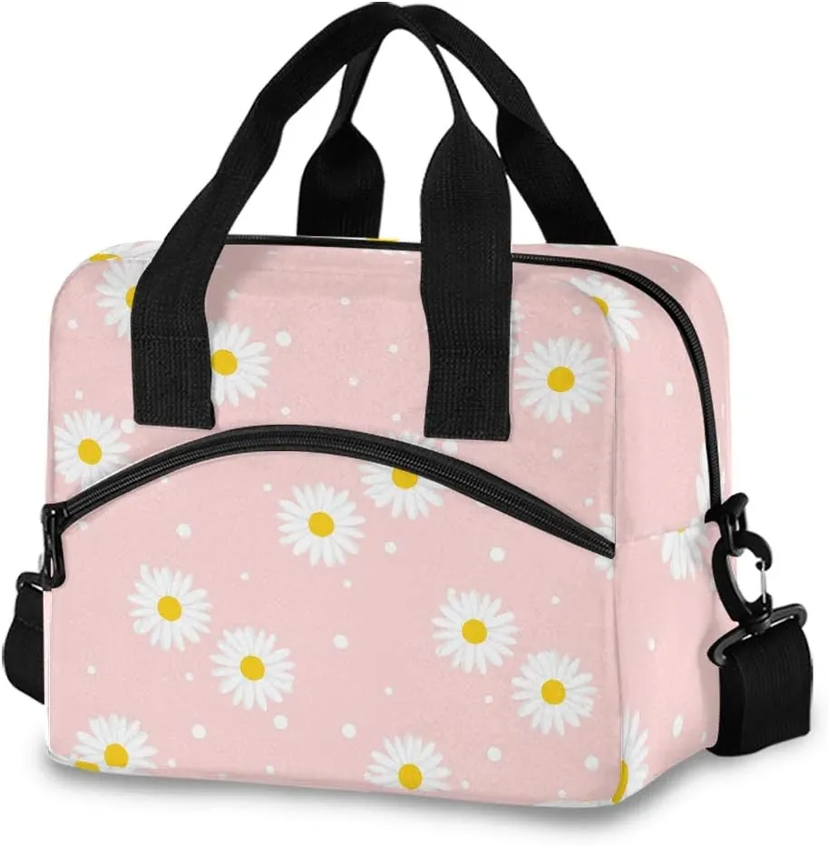 Pink Daisy Lunch Bag, Large Insulated Lunch Box with Detachable Shoulder Strap, Lunch Cooler Lunch Bag for Women