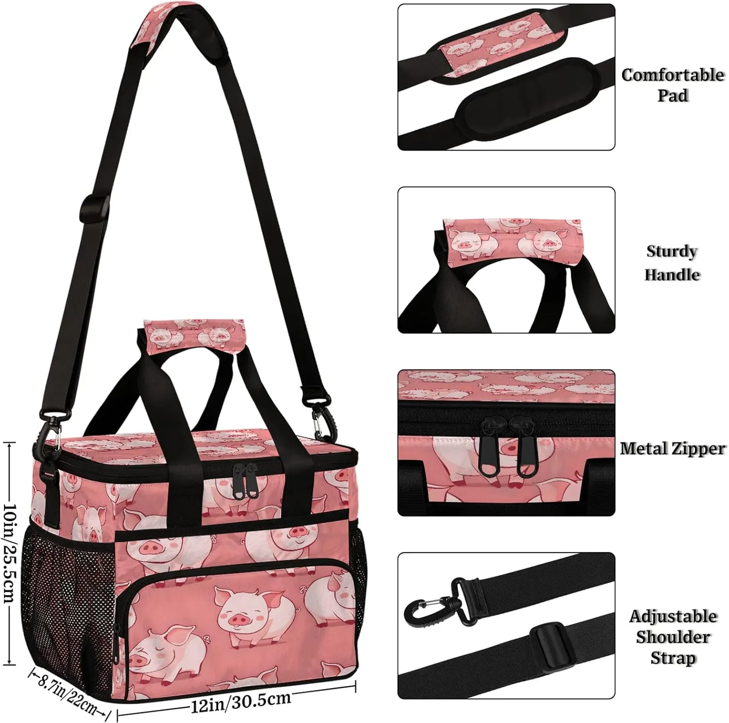 Pink Pig Insulated Large Lunch Bag Lunchbox Reusable Leakproof Cooler Bags with Shoulder Strap for Adult Men Women Work Picnic