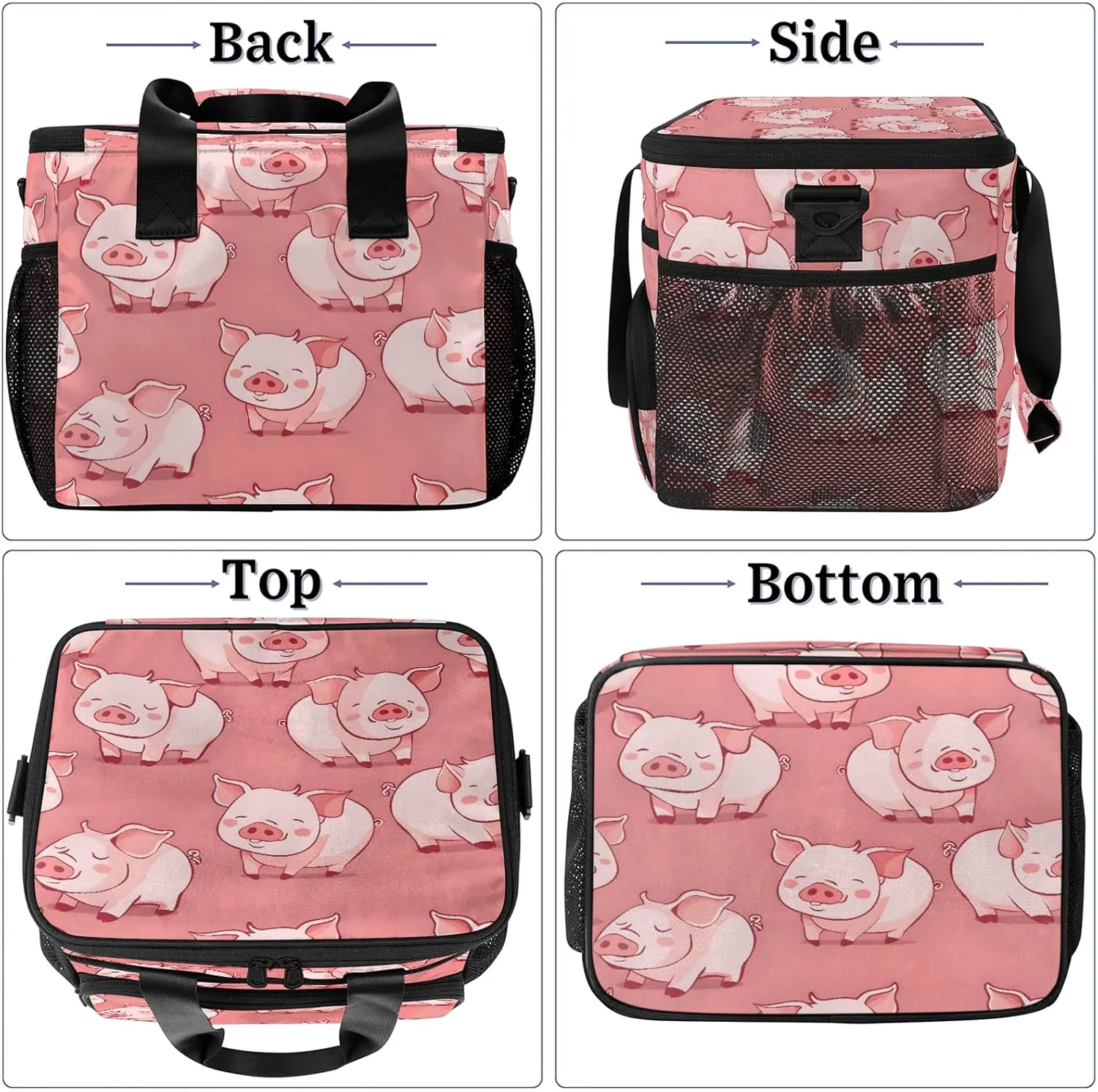 Pink Pig Insulated Large Lunch Bag Lunchbox Reusable Leakproof Cooler Bags with Shoulder Strap for Adult Men Women Work Picnic