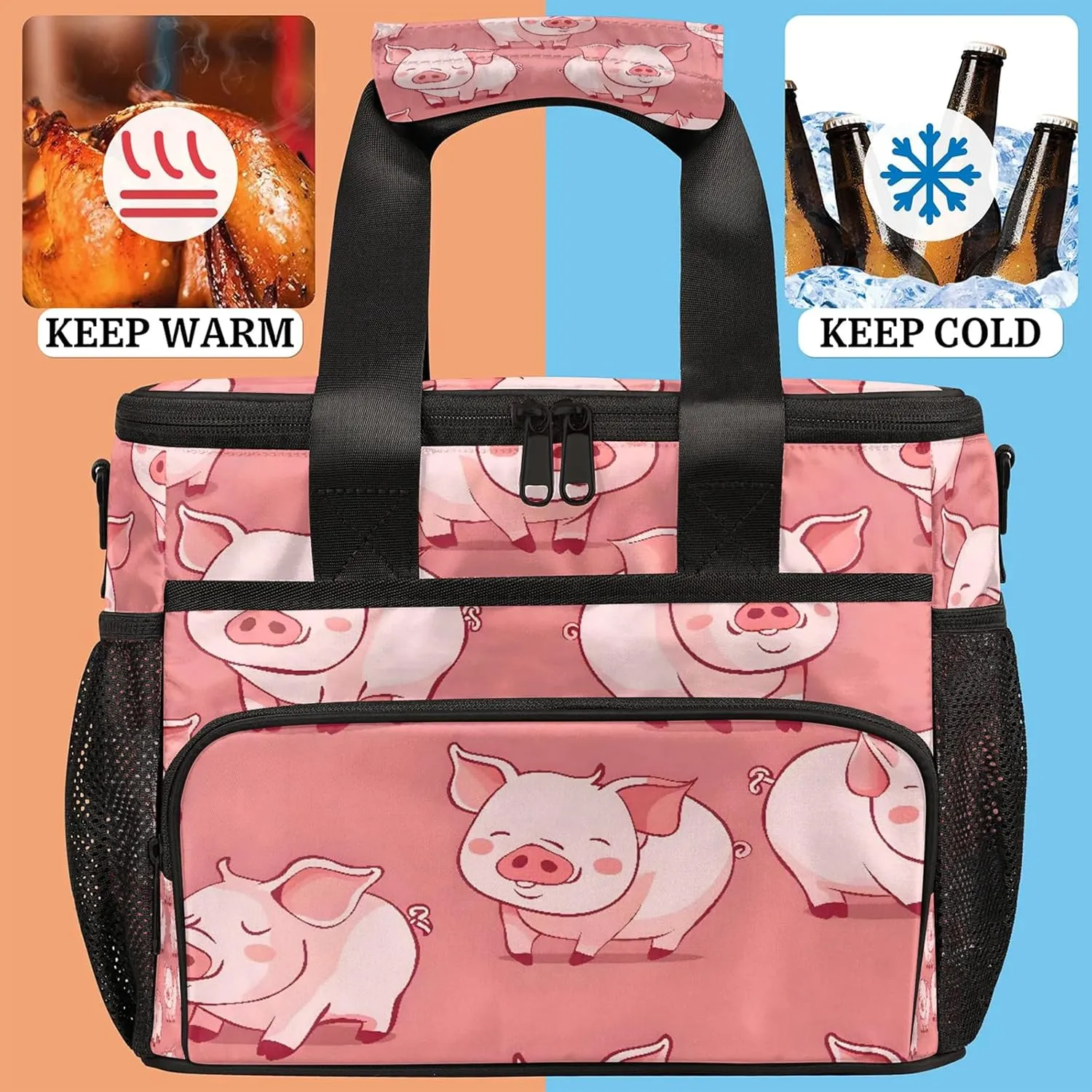Pink Pig Insulated Large Lunch Bag Lunchbox Reusable Leakproof Cooler Bags with Shoulder Strap for Adult Men Women Work Picnic