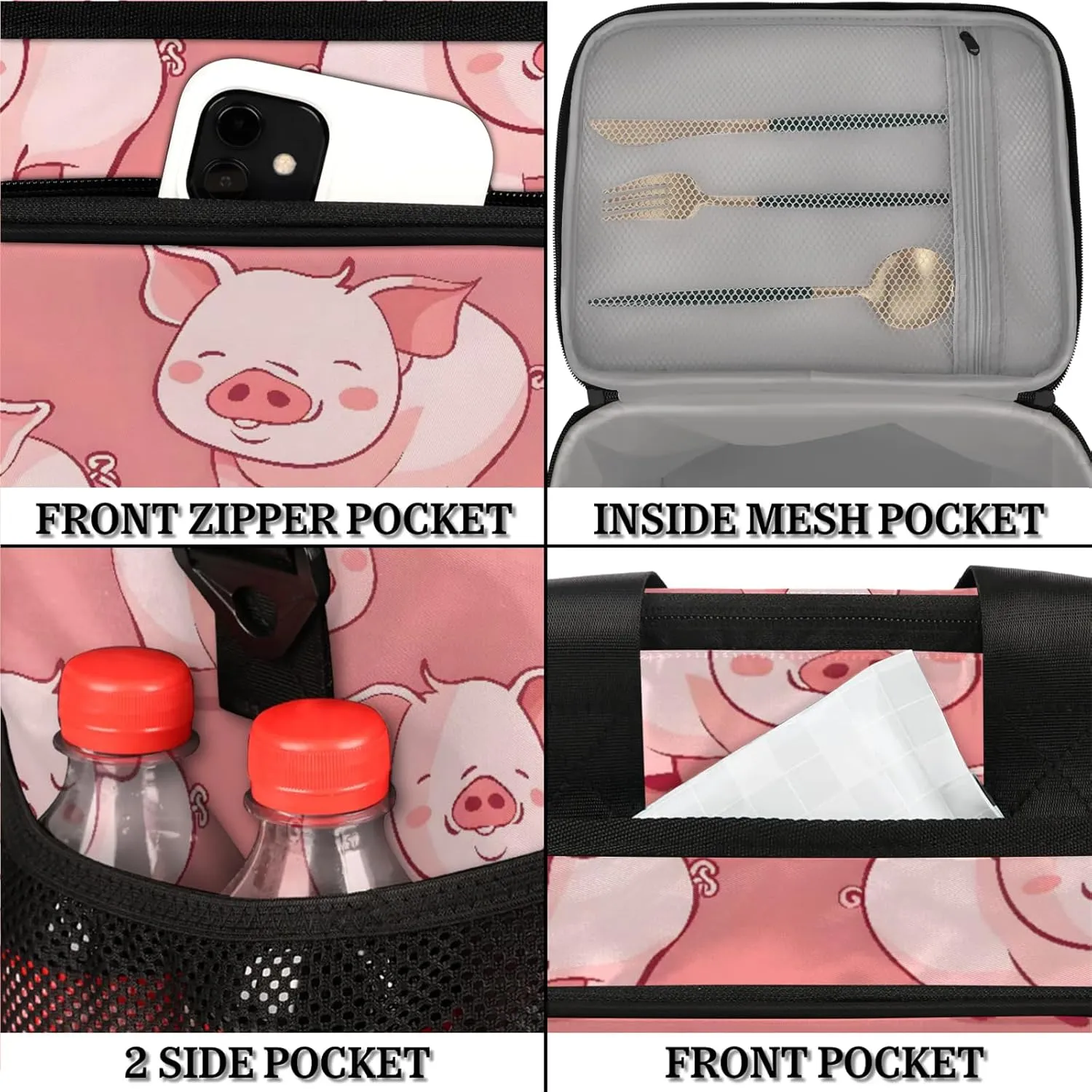 Pink Pig Insulated Large Lunch Bag Lunchbox Reusable Leakproof Cooler Bags with Shoulder Strap for Adult Men Women Work Picnic