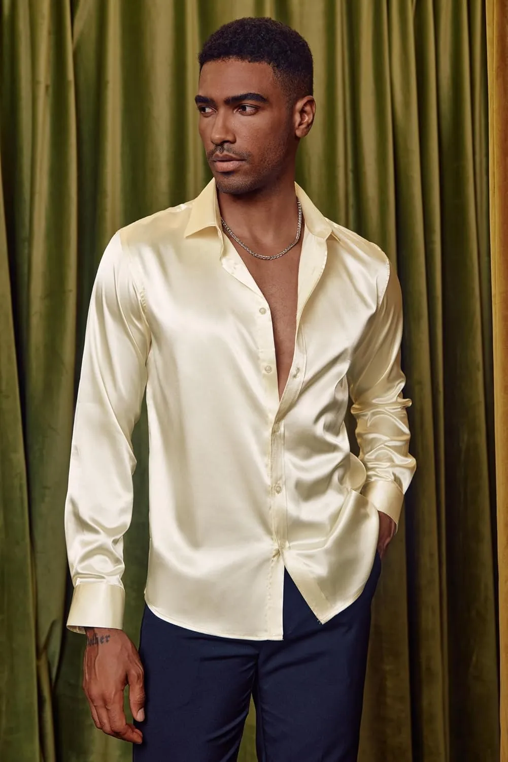 PJ PAUL JONES Men's Shiny Satin Dress Shirts Long Sleeve Button Down Silk Shirt with Bow Tie