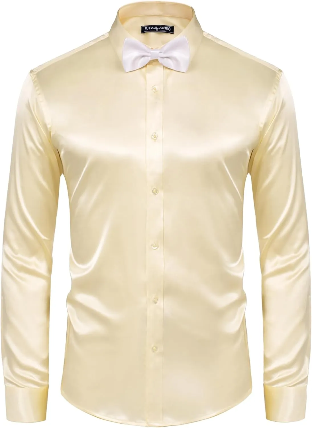 PJ PAUL JONES Men's Shiny Satin Dress Shirts Long Sleeve Button Down Silk Shirt with Bow Tie