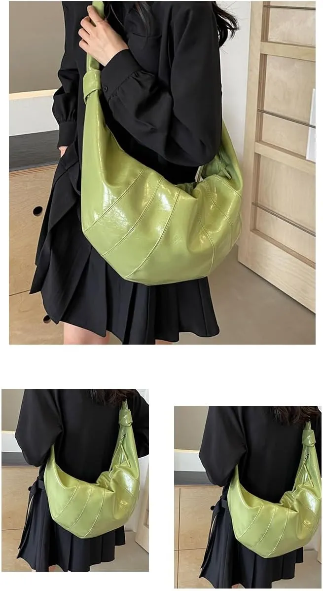 Pleated Faux Leather Hobo Shoulder Bag, Crescent Shape, Available in Black, Green, Wine Red