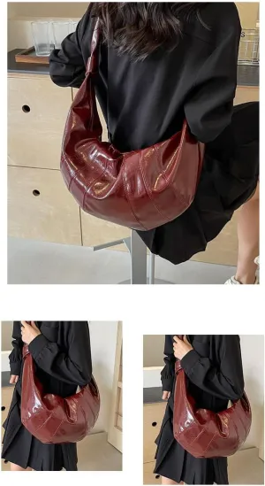 Pleated Faux Leather Hobo Shoulder Bag, Crescent Shape, Available in Black, Green, Wine Red