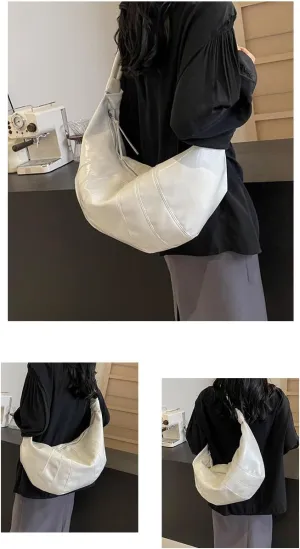 Pleated Faux Leather Hobo Shoulder Bag, Crescent Shape, Available in Black, Green, Wine Red