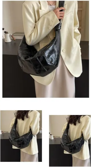 Pleated Faux Leather Hobo Shoulder Bag, Crescent Shape, Available in Black, Green, Wine Red