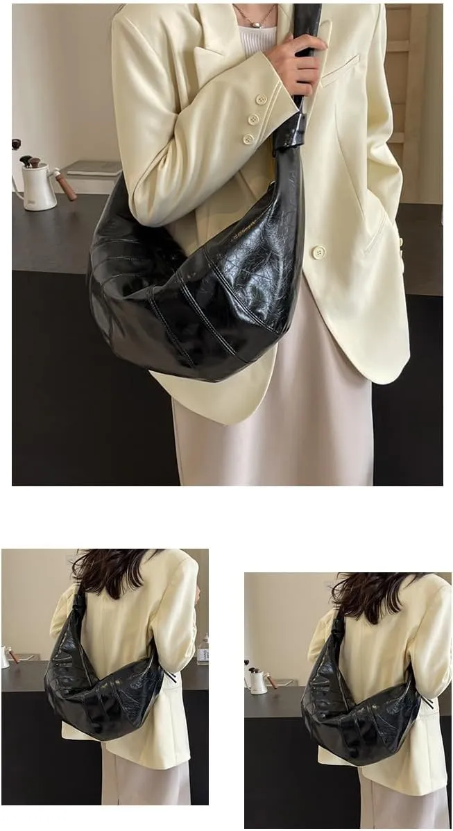 Pleated Faux Leather Hobo Shoulder Bag, Crescent Shape, Available in Black, Green, Wine Red