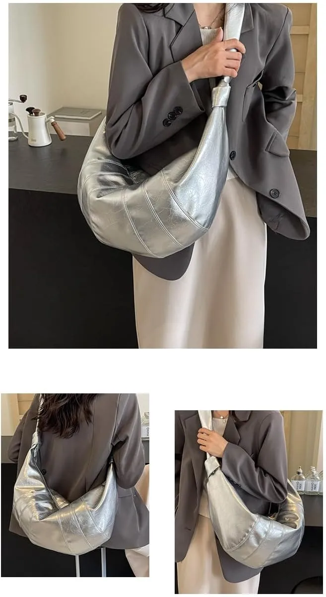 Pleated Faux Leather Hobo Shoulder Bag, Crescent Shape, Available in Black, Green, Wine Red