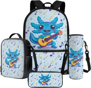 Poceacles 4 PCS Students Backpack Set Stylish School Backpack Set for Teens, Includes Lunch Bag, Pencil Case, Water Bottle Carrier, Schoolbag Rucksack for Boys Girls, Blue Axolotl Guitar Musical Note